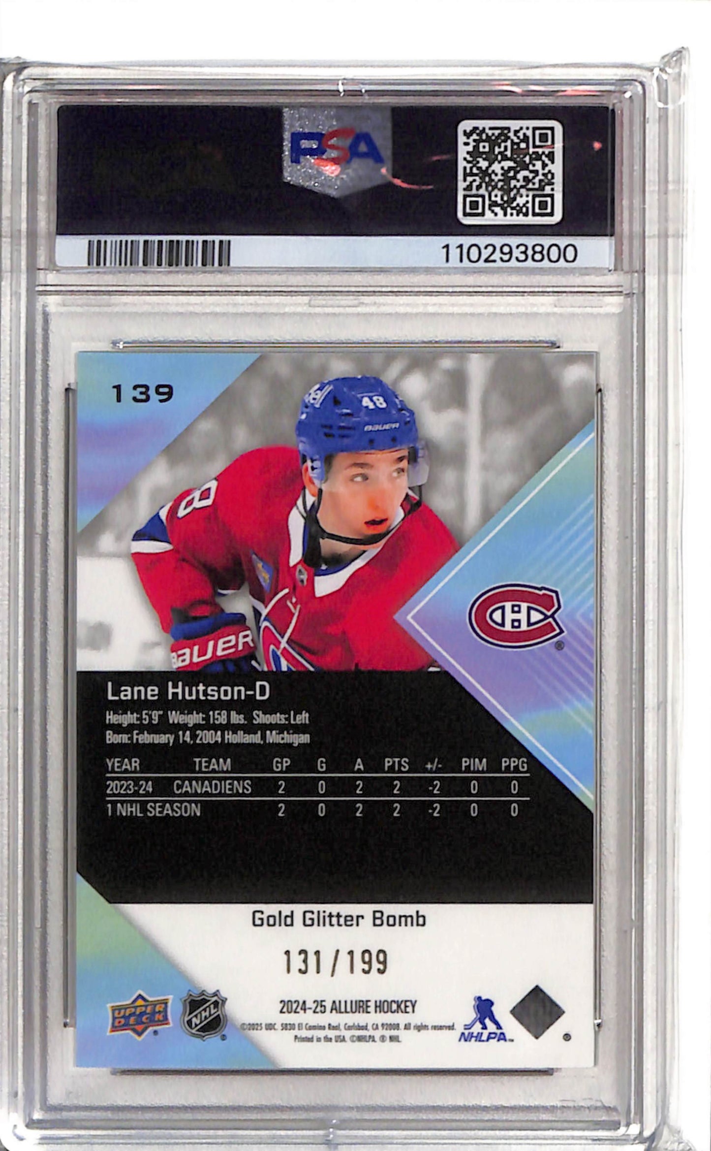 Lane Hutson 2024 Allure Gold Glitter Bomb PSA 10 Canadiens back