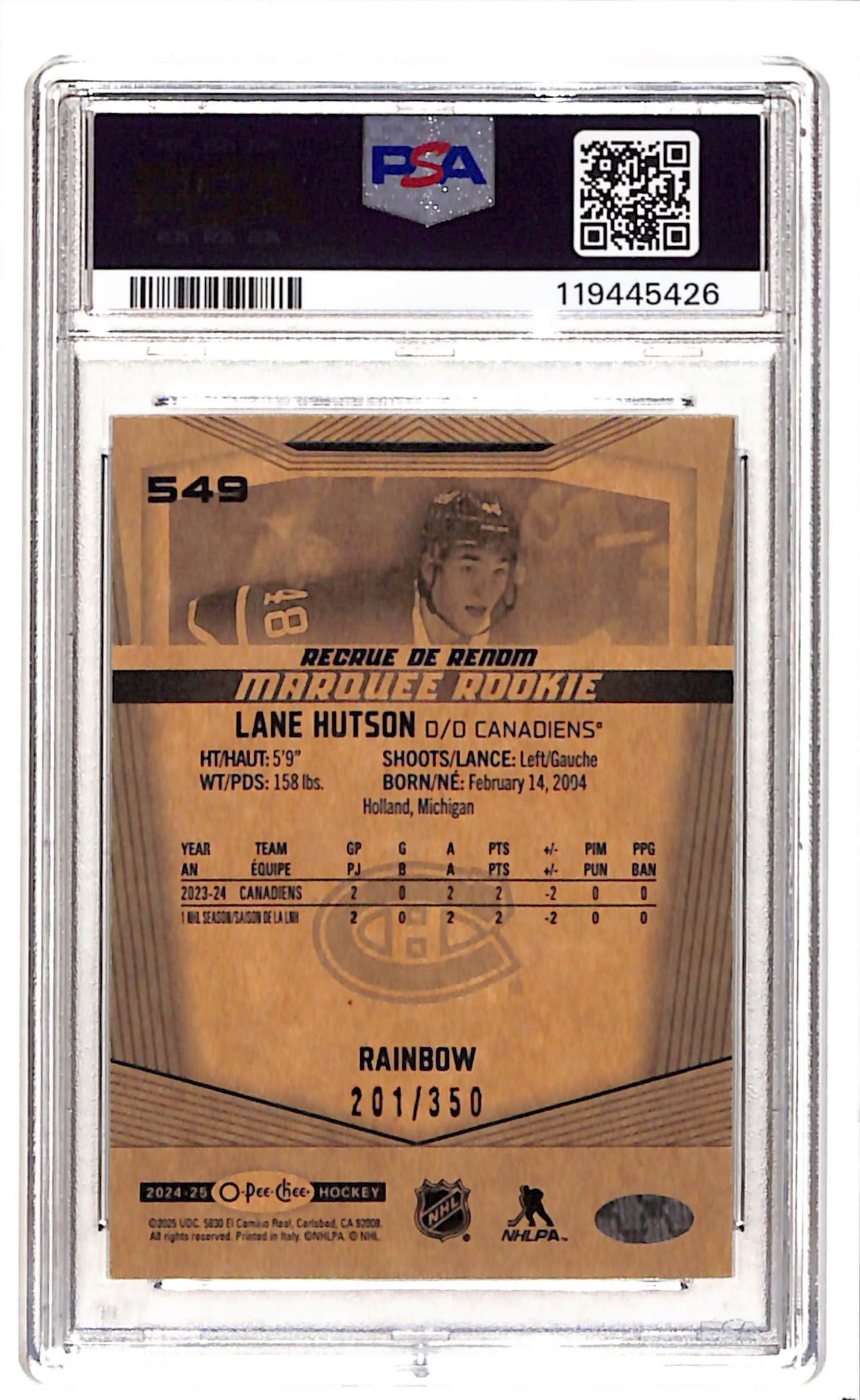 2024-25 Lane Hutson O-Pee-Chee Marquee Rookie Rainbow PSA 9 /350 Canadiens