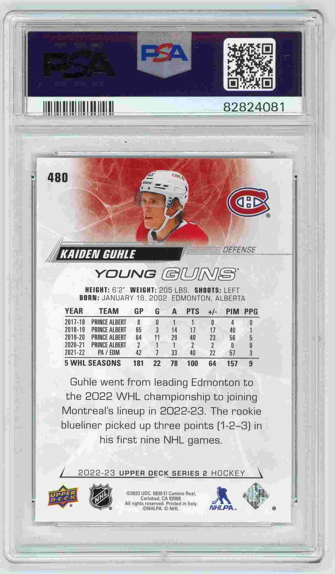 2022-23 Kaiden Guhle Upper Deck Young Guns #480 PSA 9 Canadiens Rookie