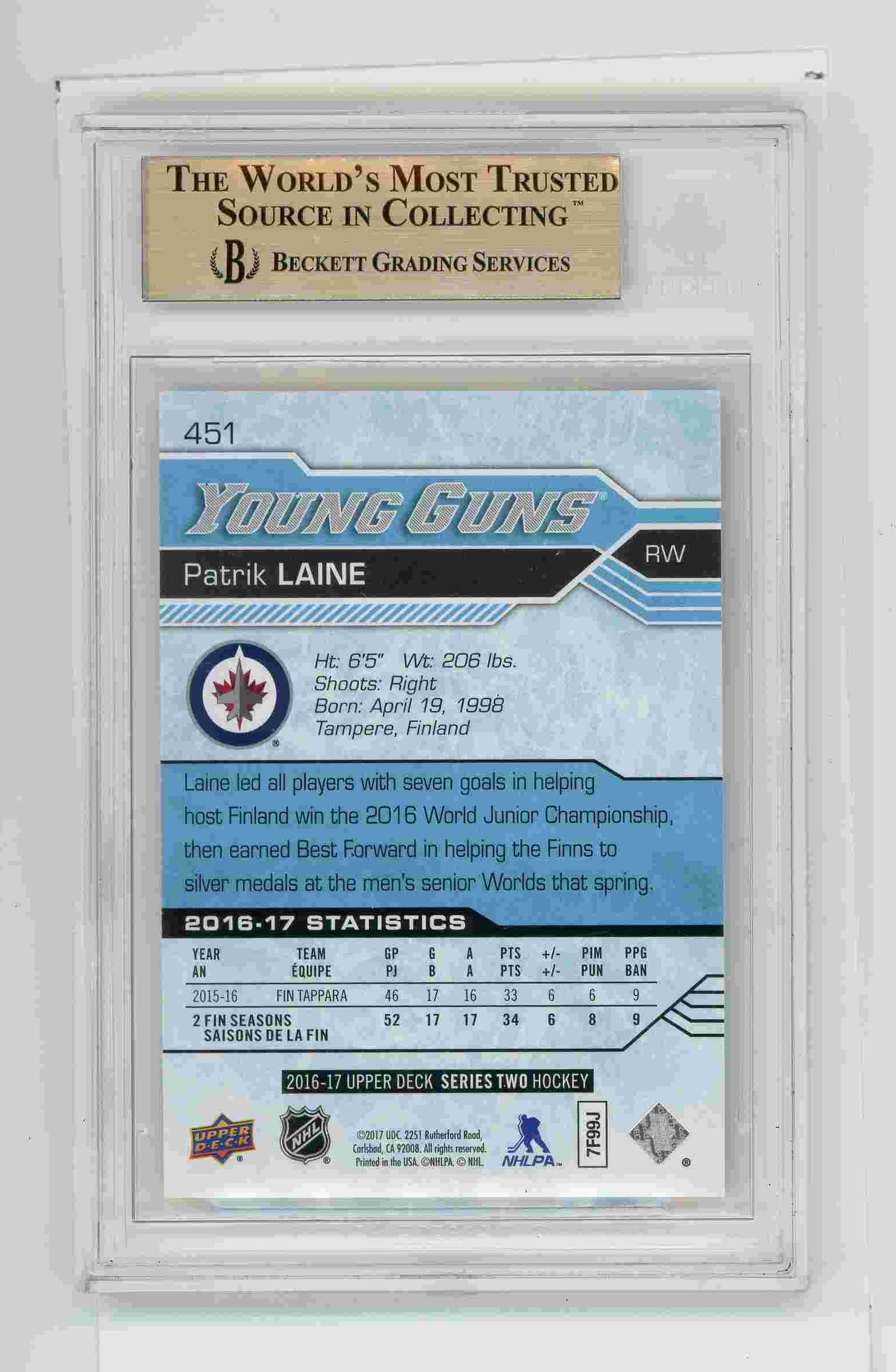 Patrik Laine Young Guns 2016 Upper Deck BGS 9.5 Winnipeg Jets