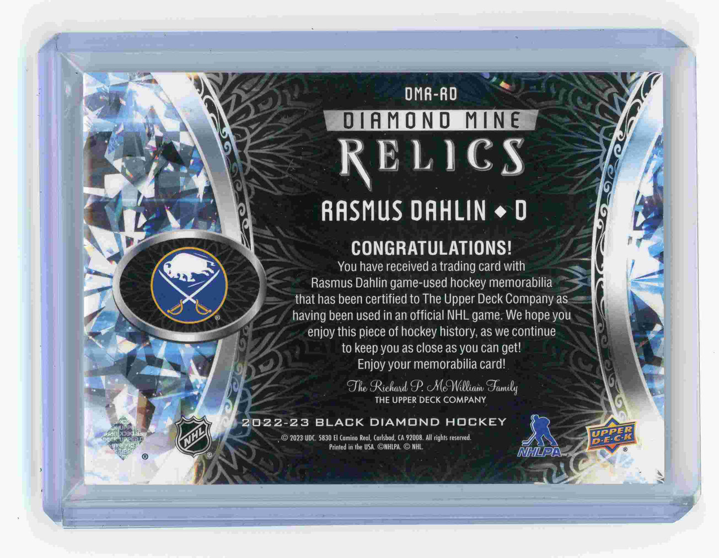 2022-23 Upper Deck Black Diamond – Rasmus Dahlin Diamond mine Relics Jersey DMR-RD