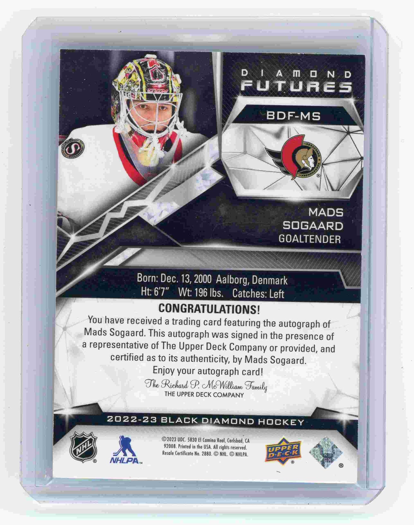 2022-23 Upper Deck Black Diamond – Mads Sogaard Diamond Futures Auto /99 #BDF-MS rookie