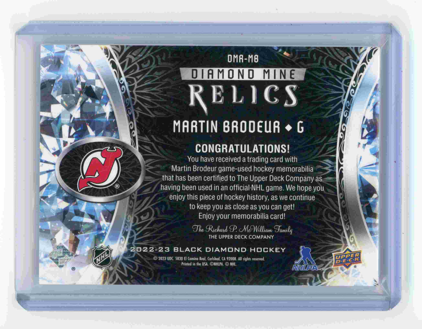 2022-23 Upper Deck Black Diamond – Martin Brodeur Diamond Mine Relics #DMR-MB