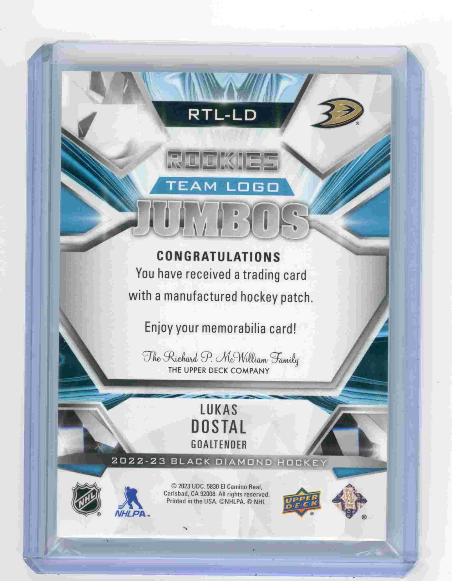 2022-23 Upper Deck Black Diamond Lukas Dostal Rookies Team Logo Jumbos Patch RTL-LD Ducks