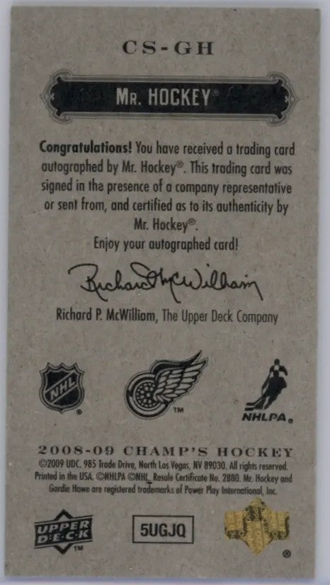 2008-09 Champ’s Minis Signatures Gordie Howe SP Autographe Rare