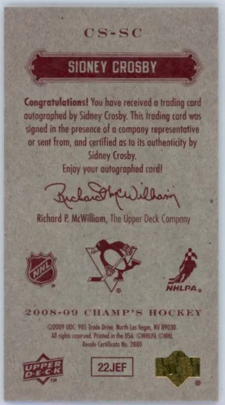 2008-09 Champ’s Minis Signatures Sidney Crosby SP Autographe RED BACK Rare