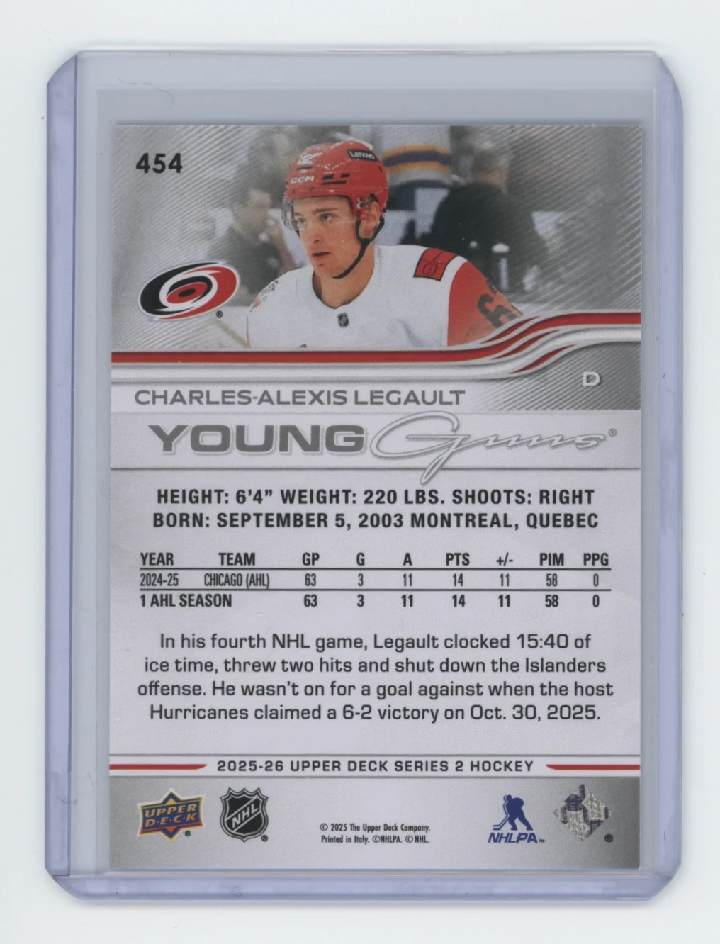 2025-26 Upper Deck Series 2 Young Guns #454 Charles-Alexis Legault – Carolina Hurricanes