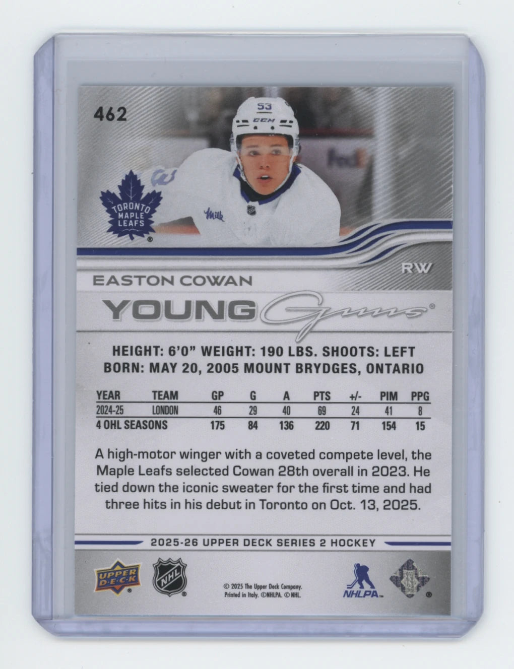 2025-26 Upper Deck Series 2 Young Guns #462 Easton Cowan – Toronto Maple Leafs