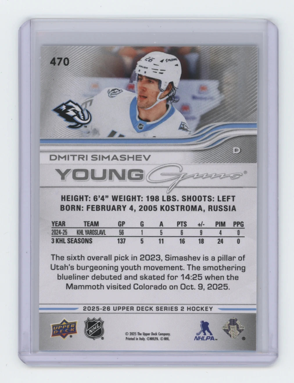 2025-26 Upper Deck Series 2 Young Guns #470 Dmitri Simashev – Utah Mammoth