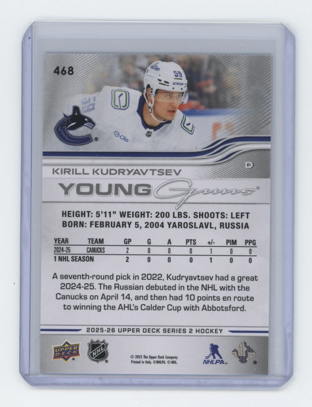 2025-26 Upper Deck Series 2 Young Guns #468 Kirill Kudryavtsev – Vancouver Canucks