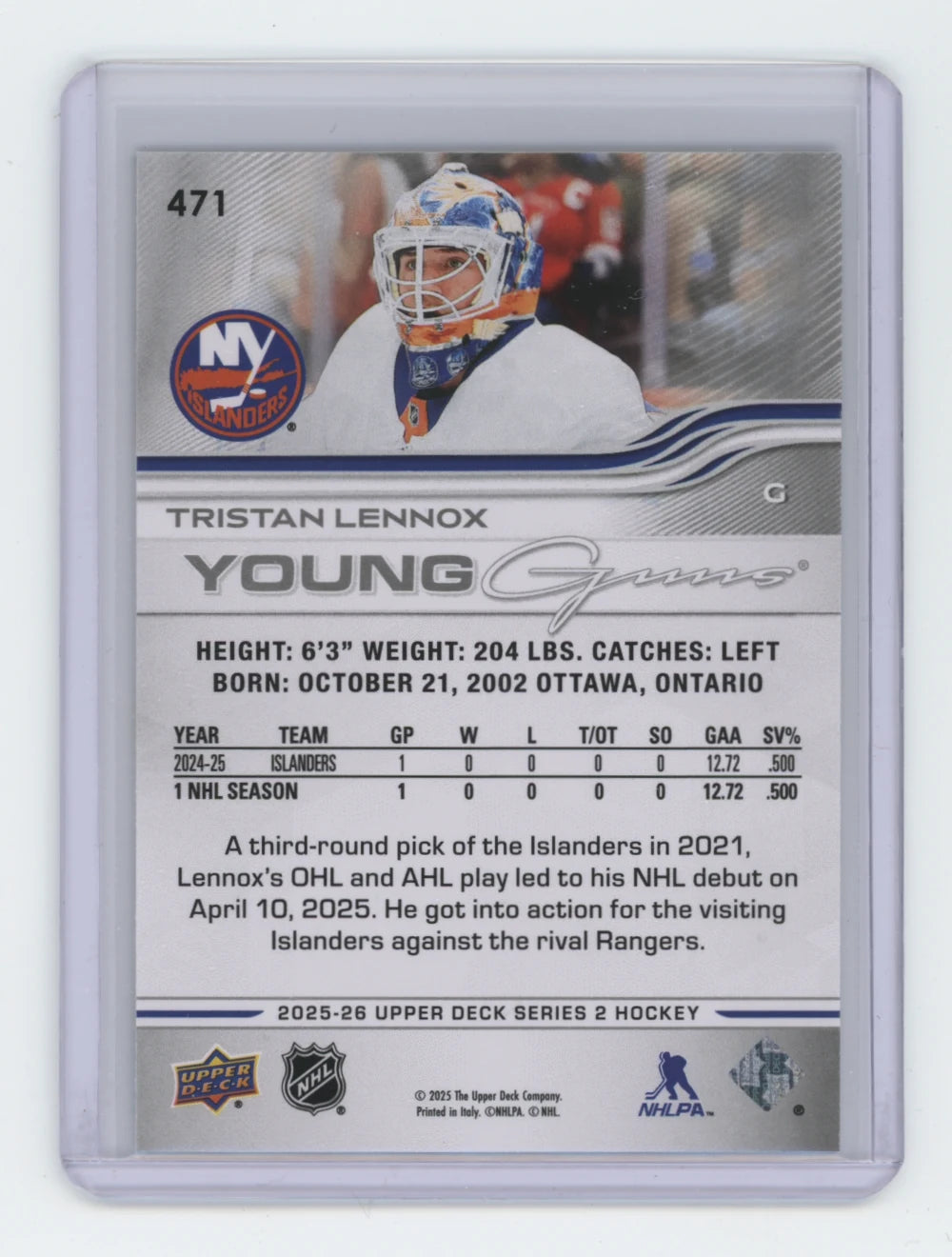 2025-26 Upper Deck Series 2 Young Guns #471 Tristan Lennox – New York Islanders