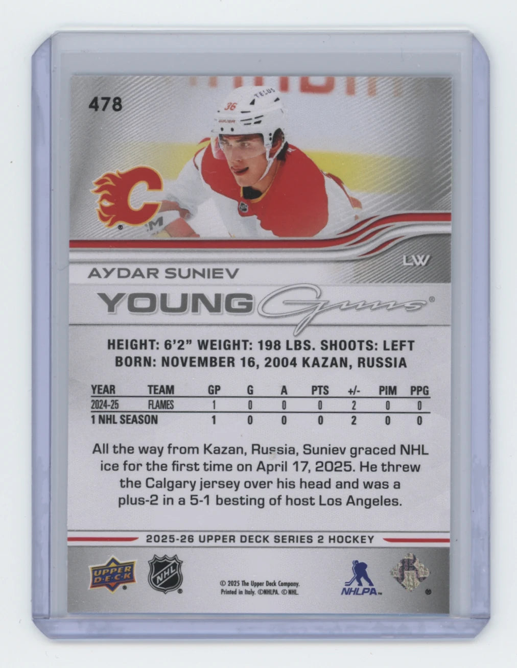2025-26 Upper Deck Series 2 Young Guns #478 Aydar Suniev – Calgary Flames
