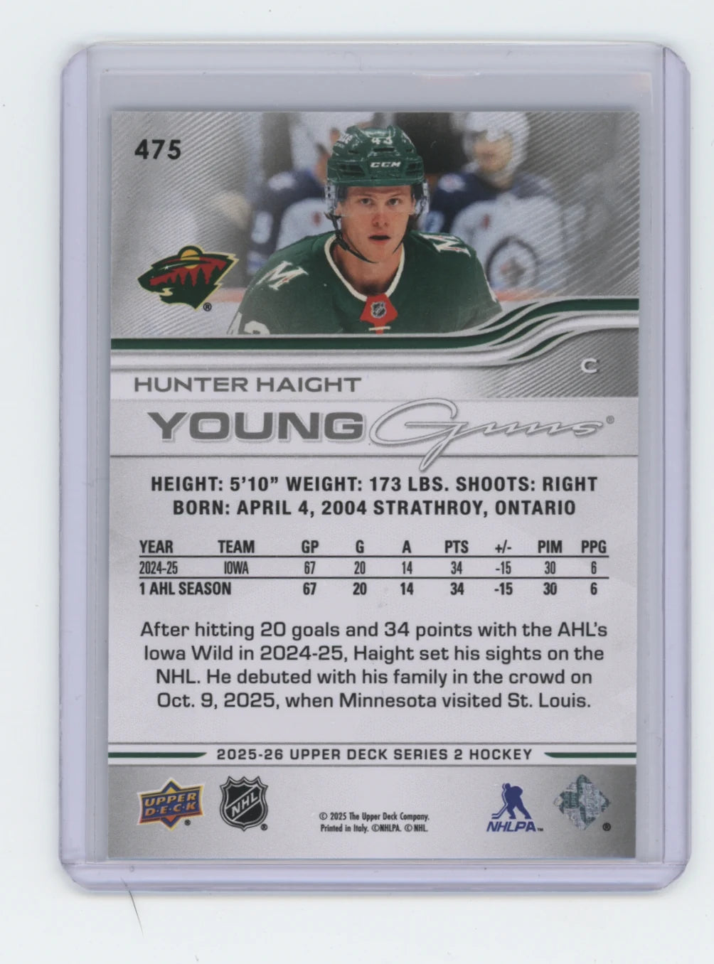 2025-26 Upper Deck Series 2 Young Guns #475 Hunter Haight – Minnesota Wild