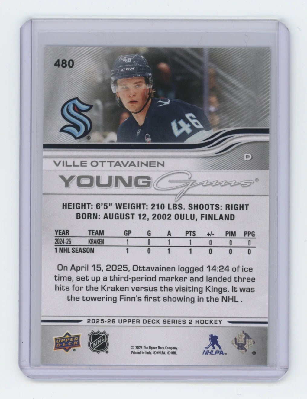 2025-26 Upper Deck Series 2 Young Guns #480 Ville Ottavainen – Seattle Kraken
