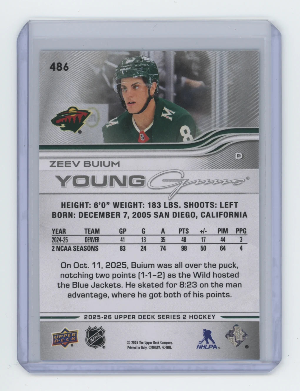 2025-26 Upper Deck Series 2 Young Guns #486 Zeev Buium – Minnesota Wild