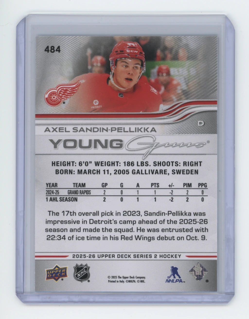 2025-26 Upper Deck Series 2 Young Guns #484 Axel Sandin-Pellikka – Detroit Red Wings