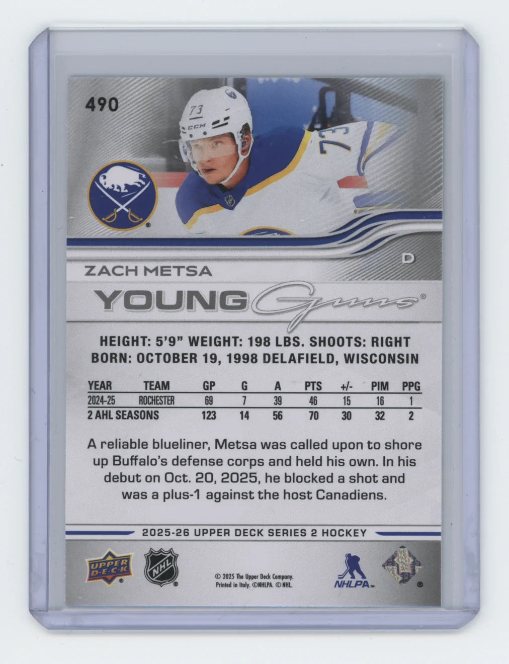 2025-26 Upper Deck Series 2 Young Guns #490 Zach Metsa – Buffalo Sabres