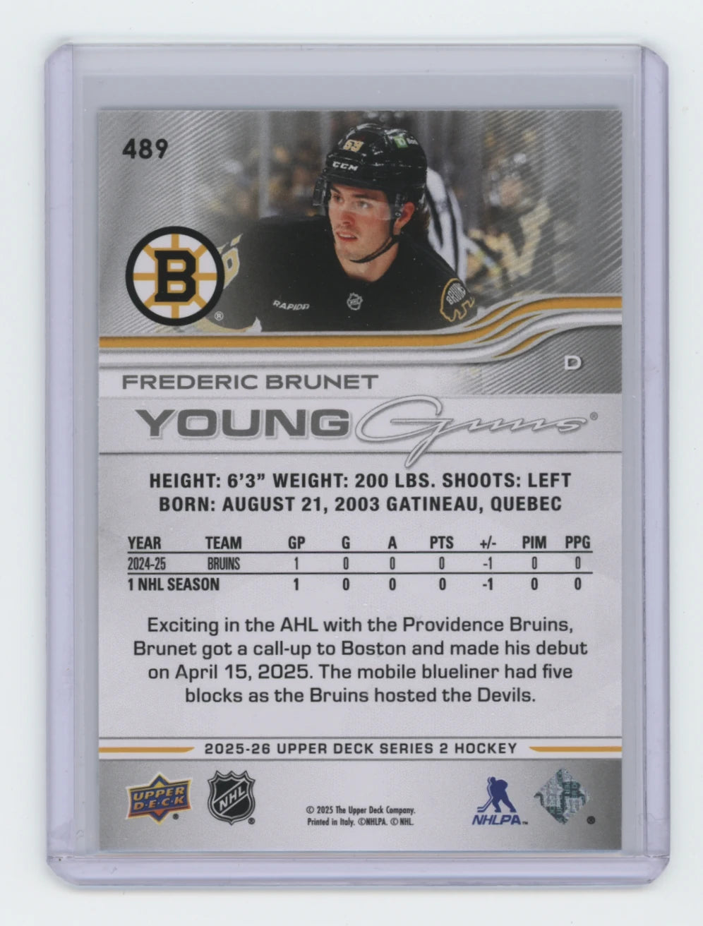 2025-26 Upper Deck Series 2 Young Guns #489 Frederic Brunet – Boston Bruins