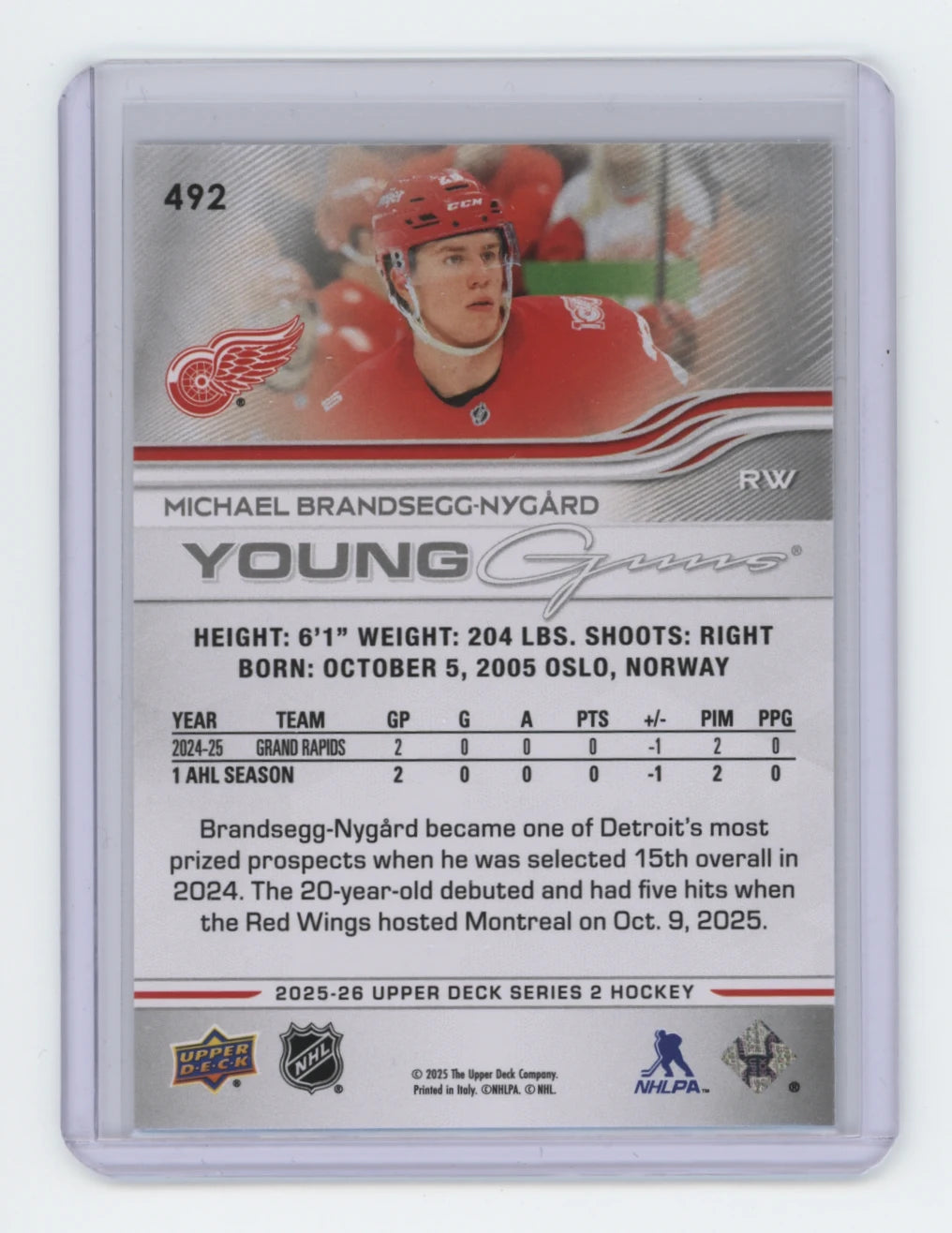 2025-26 Upper Deck Series 2 Young Guns #492 Michael Brandsegg-Nygard – Detroit Red Wings