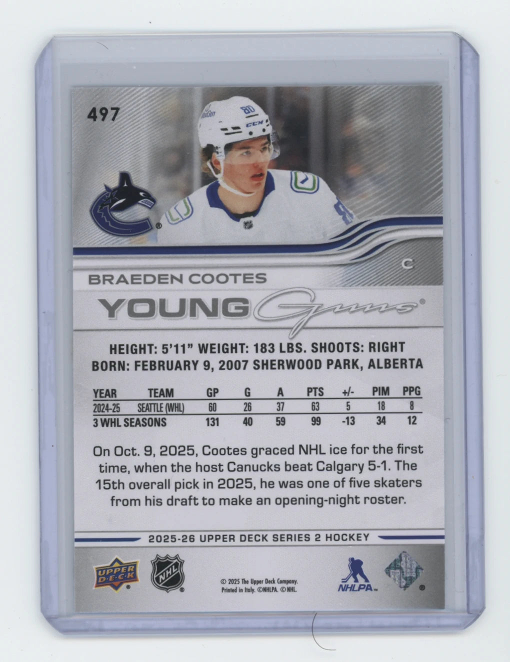 2025-26 Upper Deck Series 2 Young Guns #497 Braeden Cootes – Vancouver Canucks