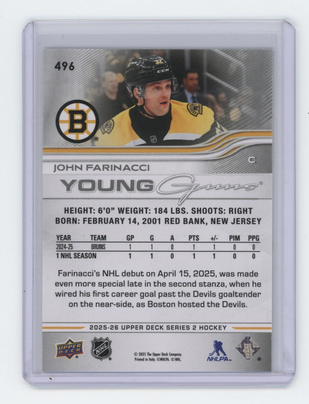2025-26 Upper Deck Series 2 Young Guns #496 John Farinacci – Boston Bruins