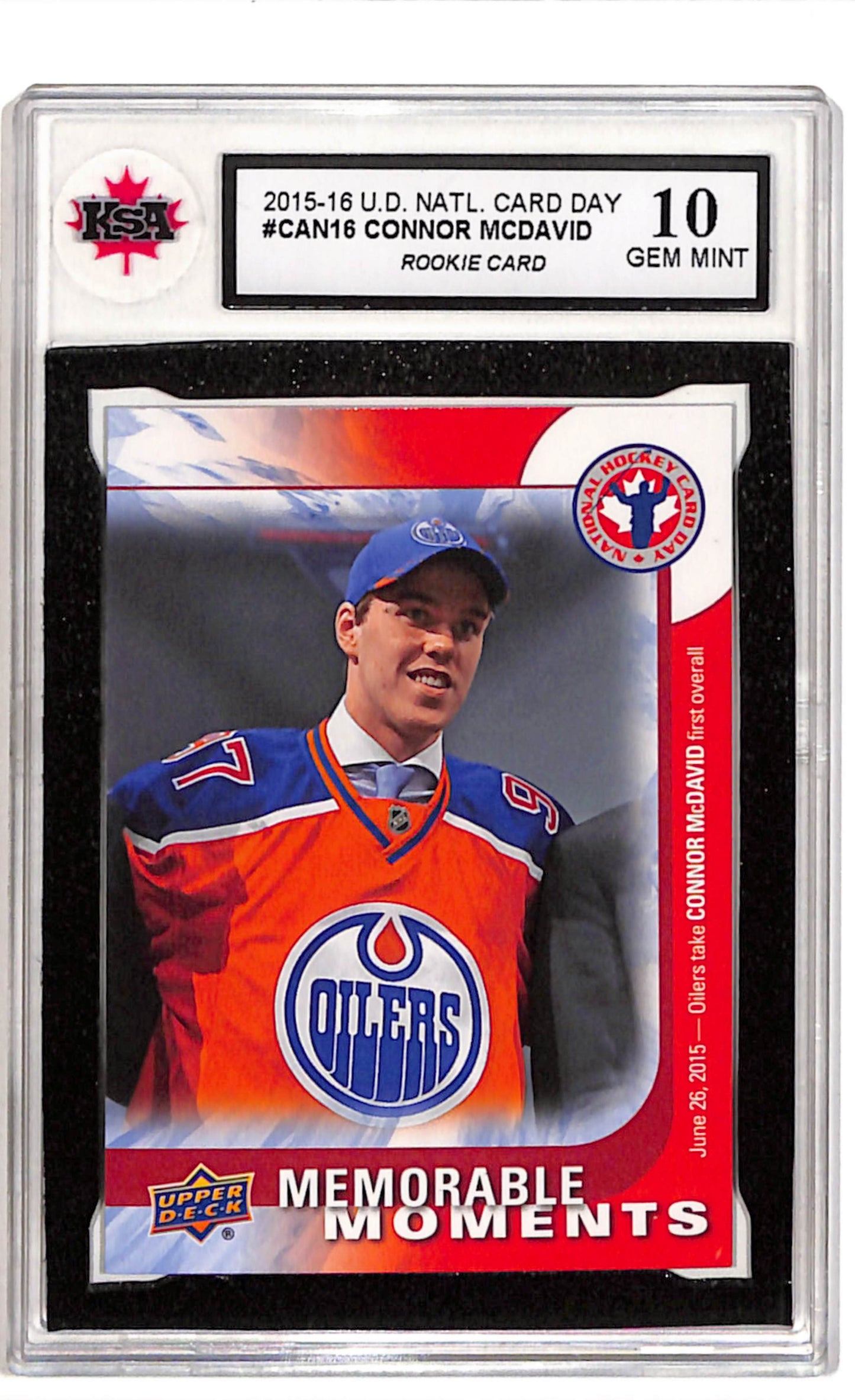 Connor McDavid Rookie Card 2015 Upper Deck National Hockey Card Day CAN16 KSA 10 Edmonton Oilers