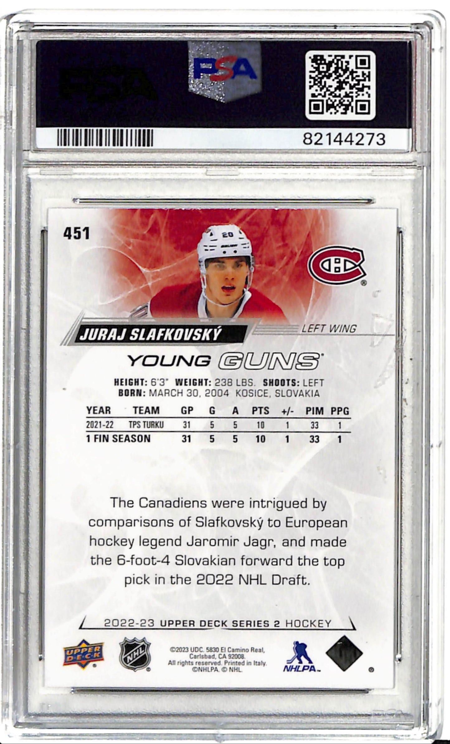 Juraj Slafkovsky Young Guns PSA 9 Upper Deck 2022 Montreal Canadiens rookie card back