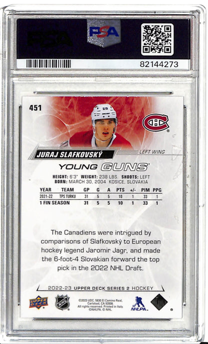 Juraj Slafkovsky Young Guns PSA 9 Upper Deck 2022 Montreal Canadiens rookie card back