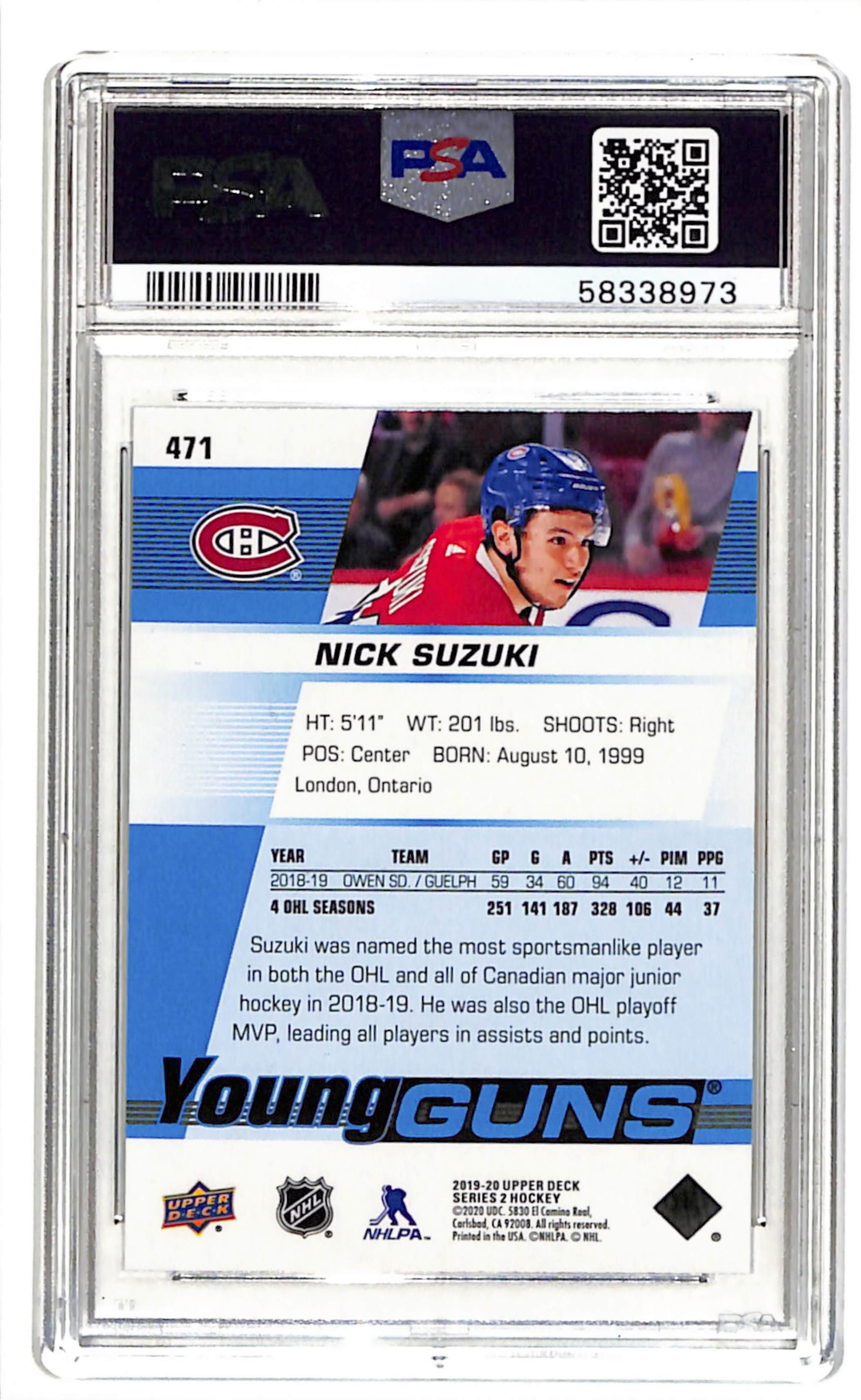 Nick Suzuki Young Guns PSA 9 2019 Canadiens back slab