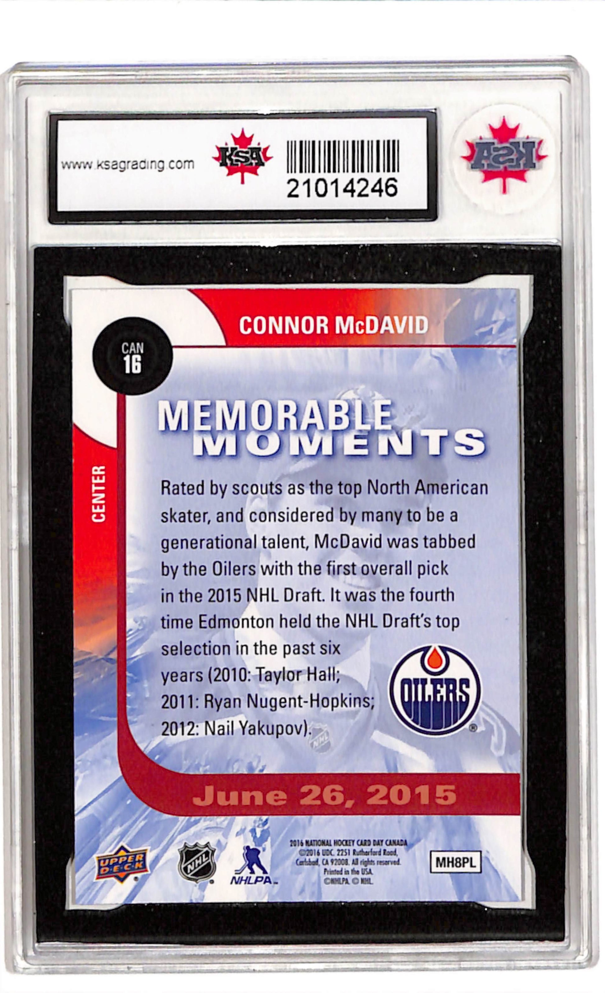 Connor McDavid Rookie Card 2015 Upper Deck National Hockey Card Day CAN16 KSA 10 Edmonton Oilers