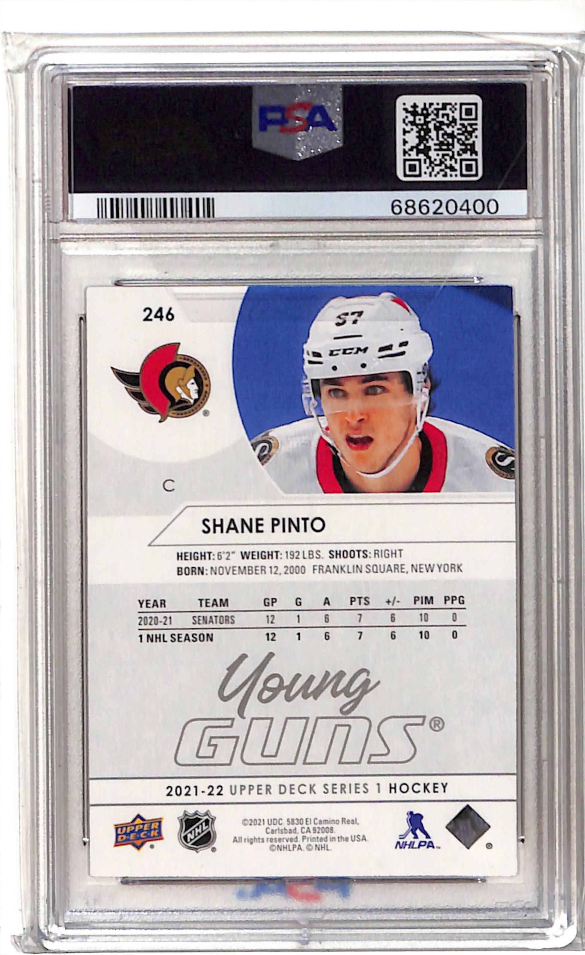 Shane Pinto Young Guns 2021 PSA 9 Ottawa Senators face back