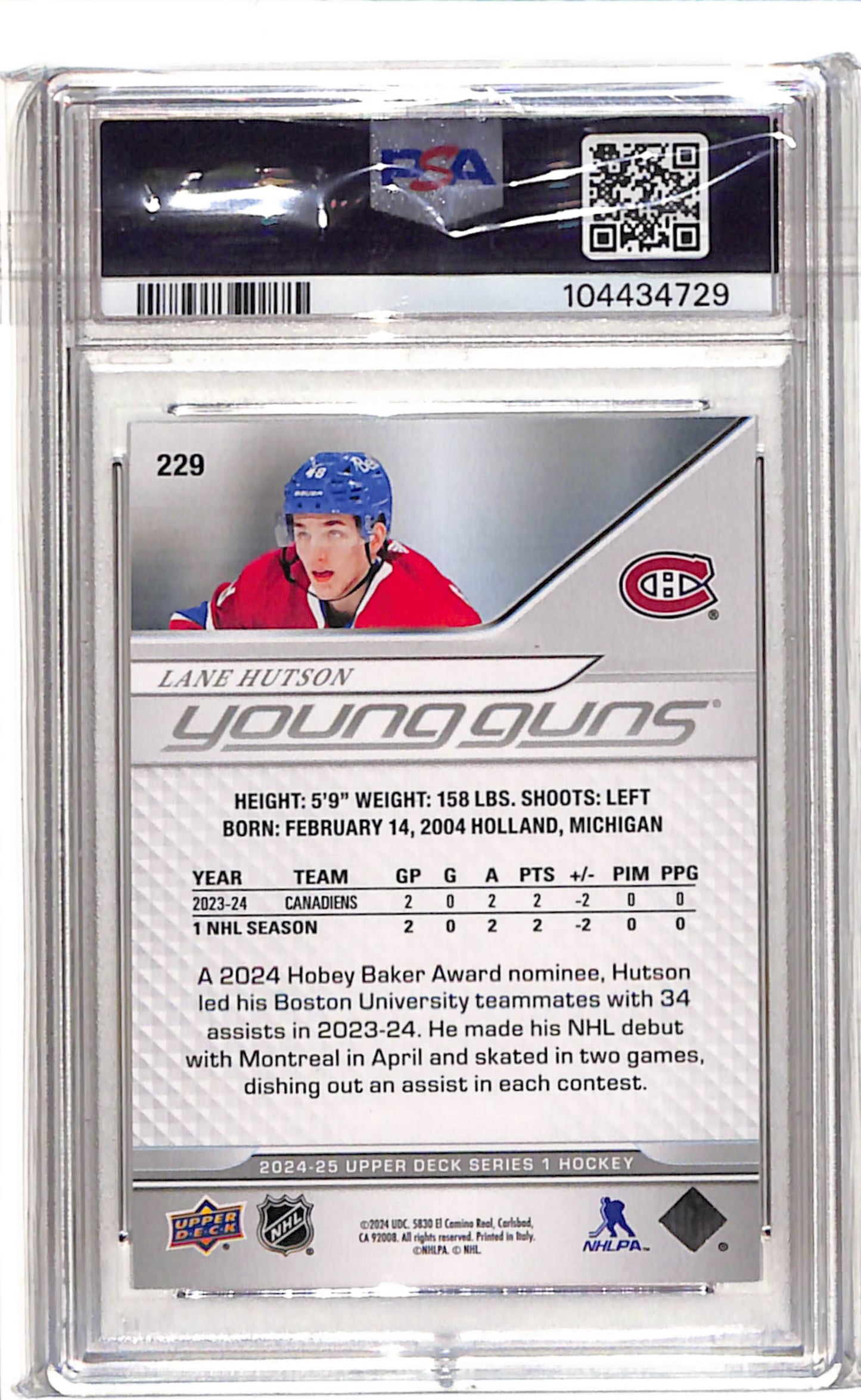 Lane Hutson Young Guns PSA 8 Canadiens BACK