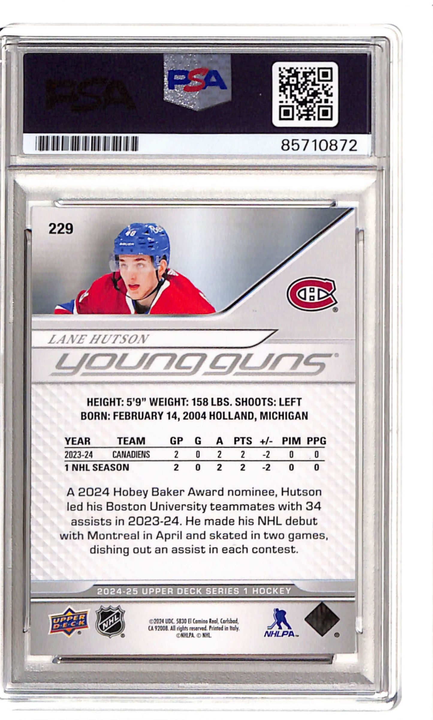 Lane Hutson Young Guns 2024 PSA DNA Auto Canadiens back