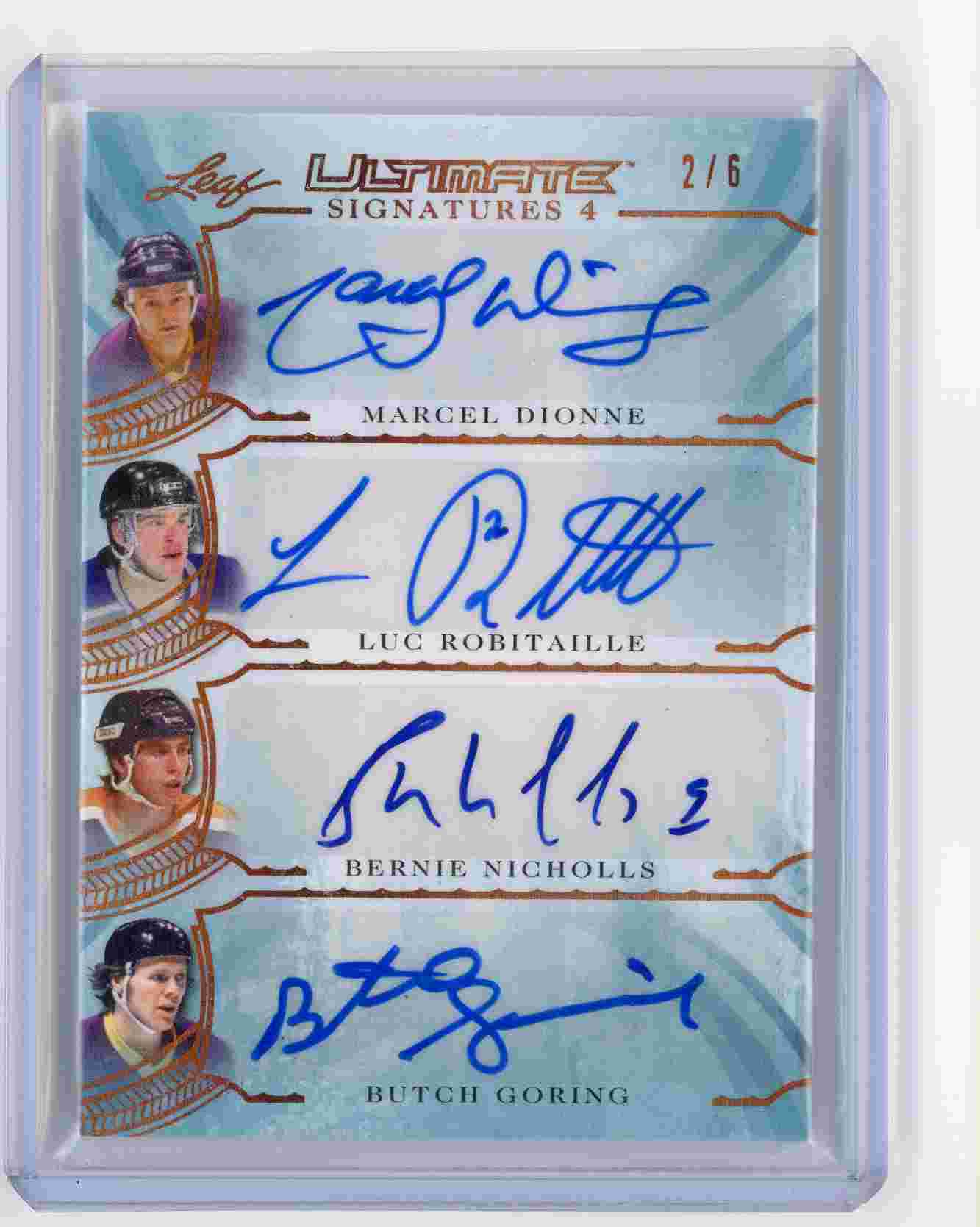 carte leaf ultimate quad autograph marcel dionne luc robitaille bernie nicholls butch goring 1 sur 6