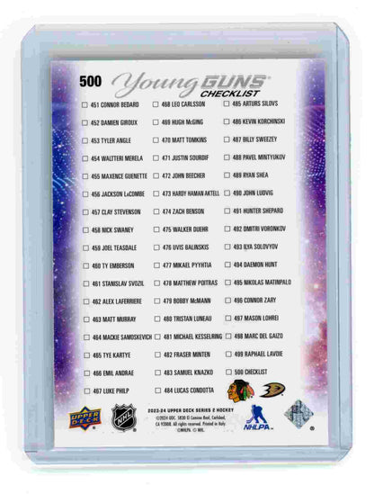 Connor Bedard Leo Carlsson Young Guns Checklist Deluxe Upper Deck 2023 carte hockey back