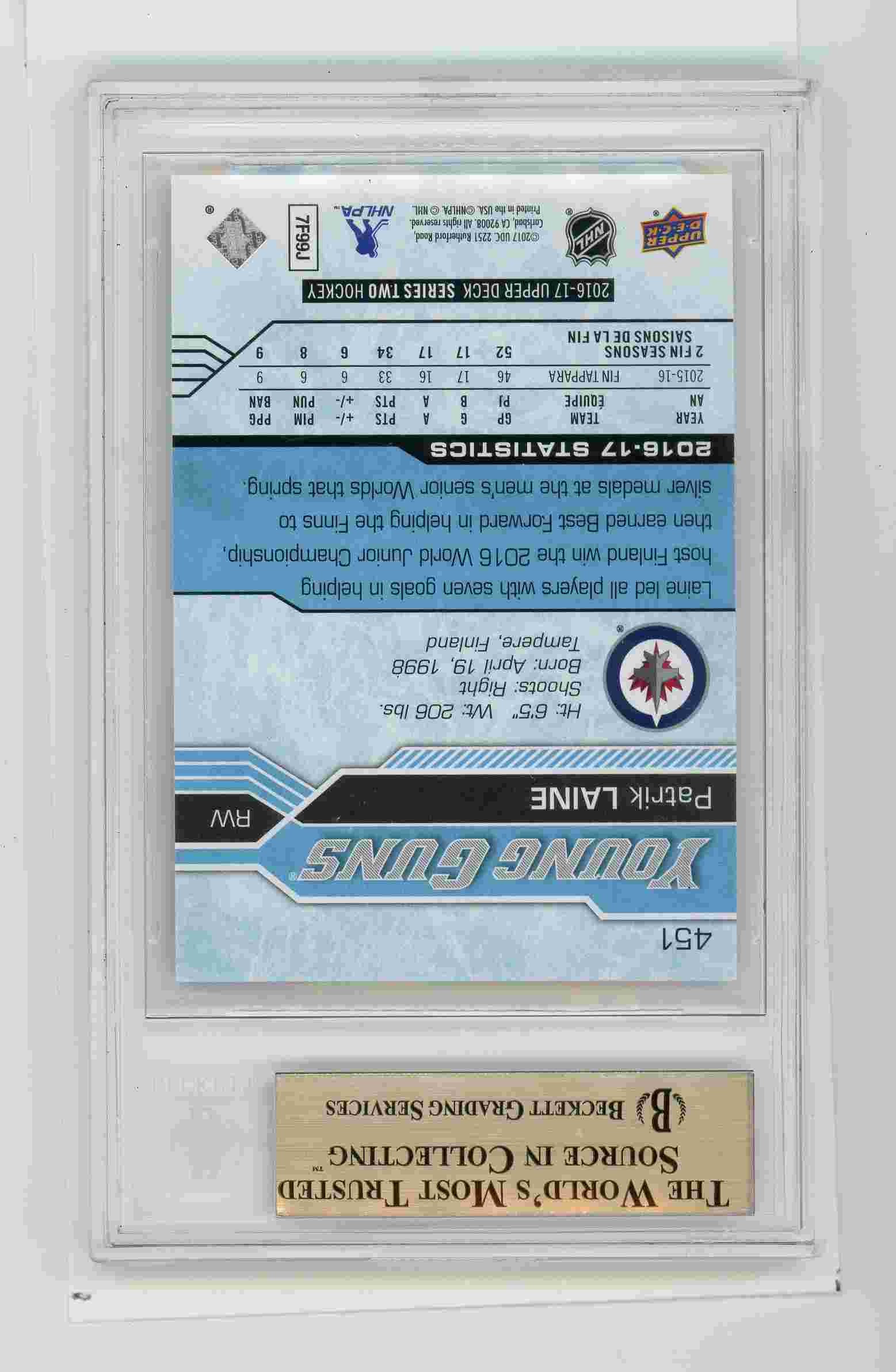 Patrik Laine Young Guns 2016 Upper Deck BGS 9.5 Winnipeg Jets