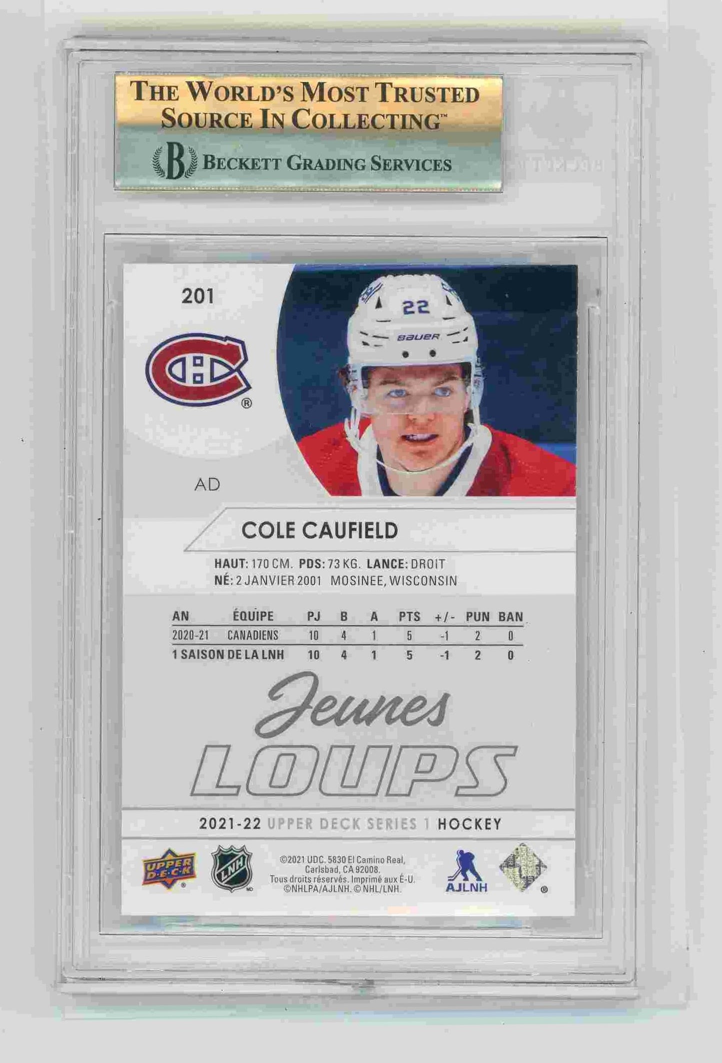 Cole Caufield Young Guns French BGS 9.5 Canadiens back
