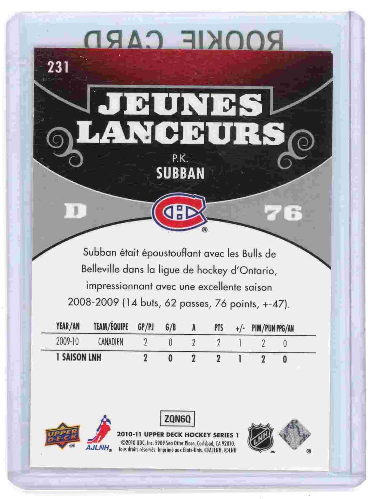 P.K. Subban Jeunes Lanceurs 2010 Upper Deck Rookie Canadiens Montréal 
