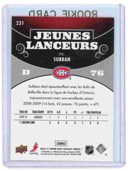 P.K. Subban Jeunes Lanceurs 2010 Upper Deck Rookie Canadiens Montréal 
