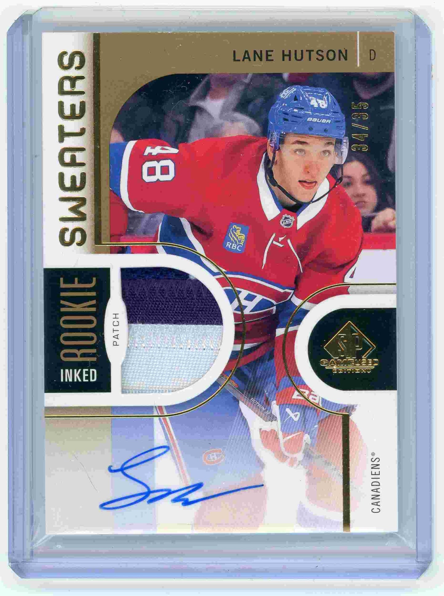 Lane Hutson 2024 SP Game Used Inked Rookie Sweaters Rookie Patch Auto 34/35 Canadiens face