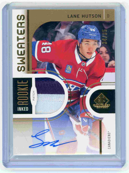Lane Hutson 2024 SP Game Used Inked Rookie Sweaters Rookie Patch Auto 34/35 Canadiens face