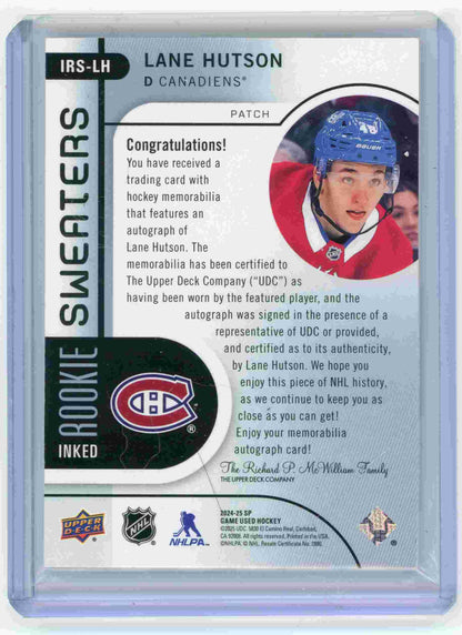 Lane Hutson 2024 SP Game Used Inked Rookie Sweaters Rookie Patch Auto 34/35 Canadiens back