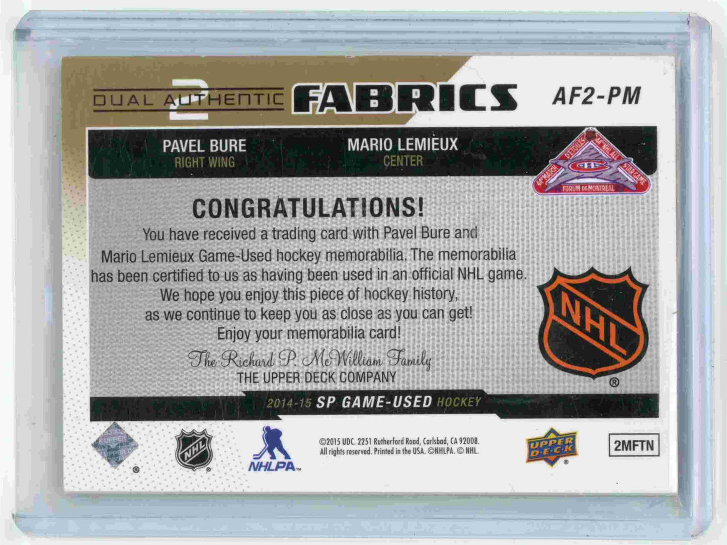 2014-15 Upper Deck SP Game Used Dual Authentic Fabrics patch Mario Lemieux / Pavel Bure #13/25
