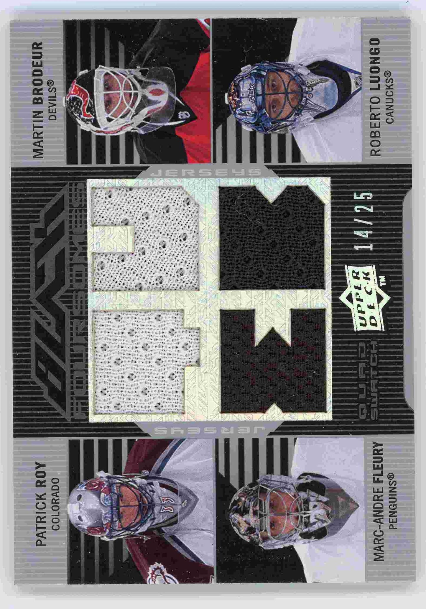 2008-09 Upper Deck Black Jerseys Quad Gardien – Brodeur Roy Luongo Fleury 14/25