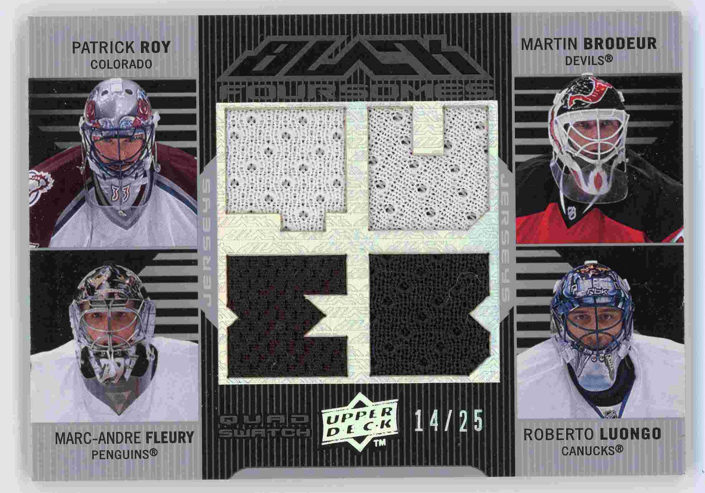 2008-09 Upper Deck Black Jerseys Quad Gardien – Brodeur Roy Luongo Fleury 14/25