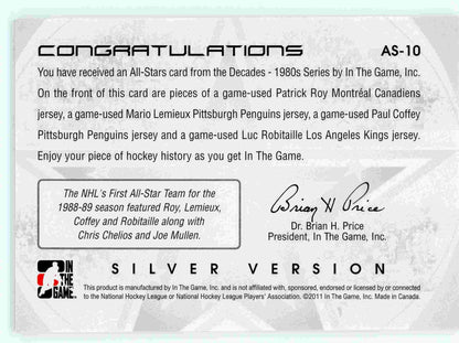2010-11 ITG Decades All-Stars Quad Jersey silver Roy Lemieux Coffey Robitaille
