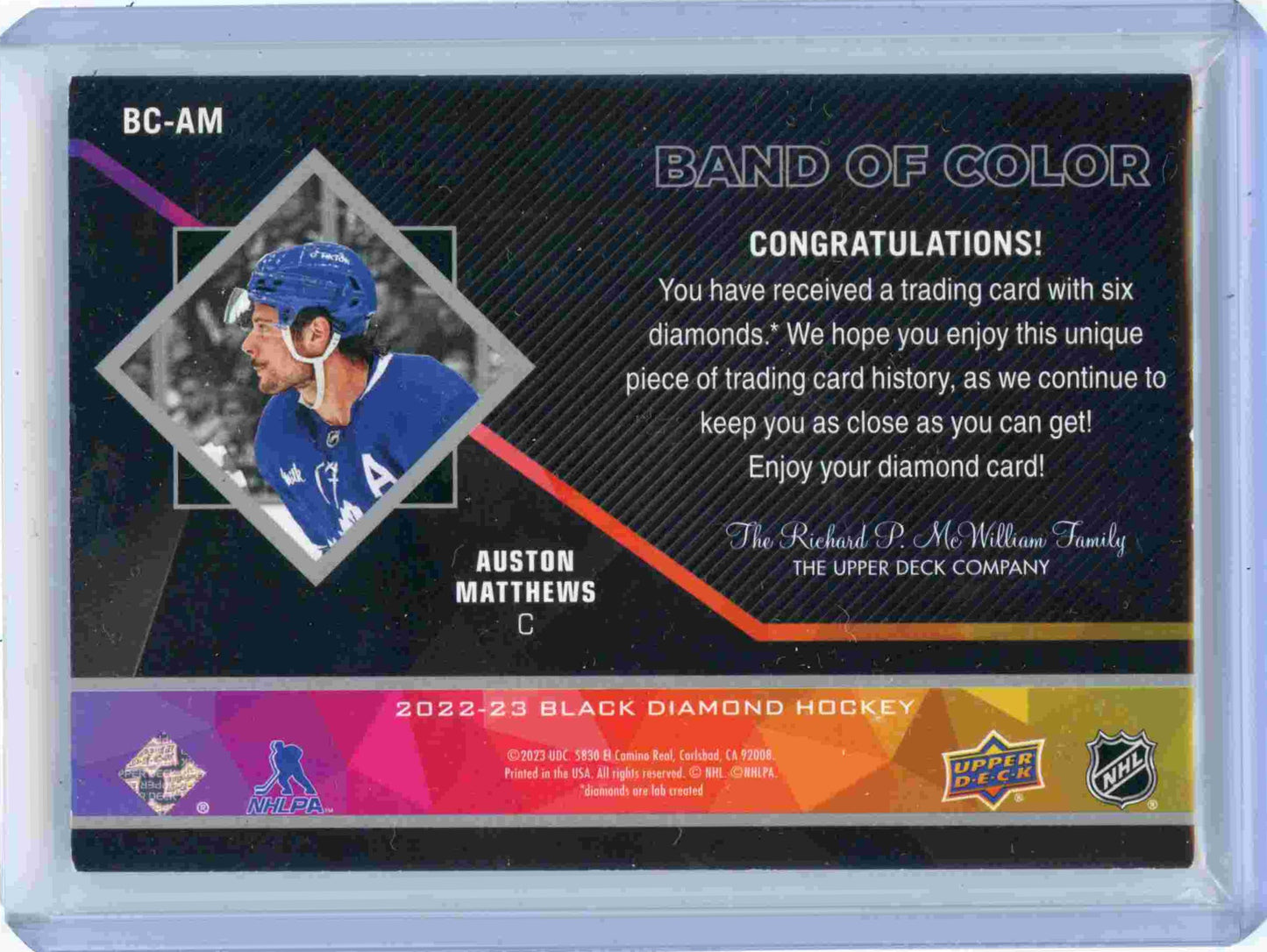 2022-23 Auston Matthews Black Diamond Band of Color 6 Diamonds /22 Maple Leafs BC-AM