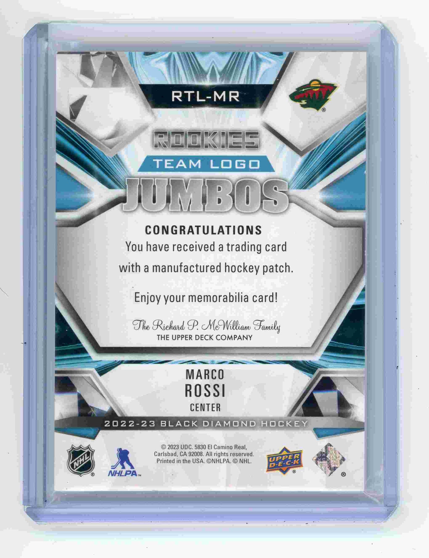 2022-23 Black Diamond Marco Rossi Team Logo Jumbos Rookie Patch – RTL-MR
