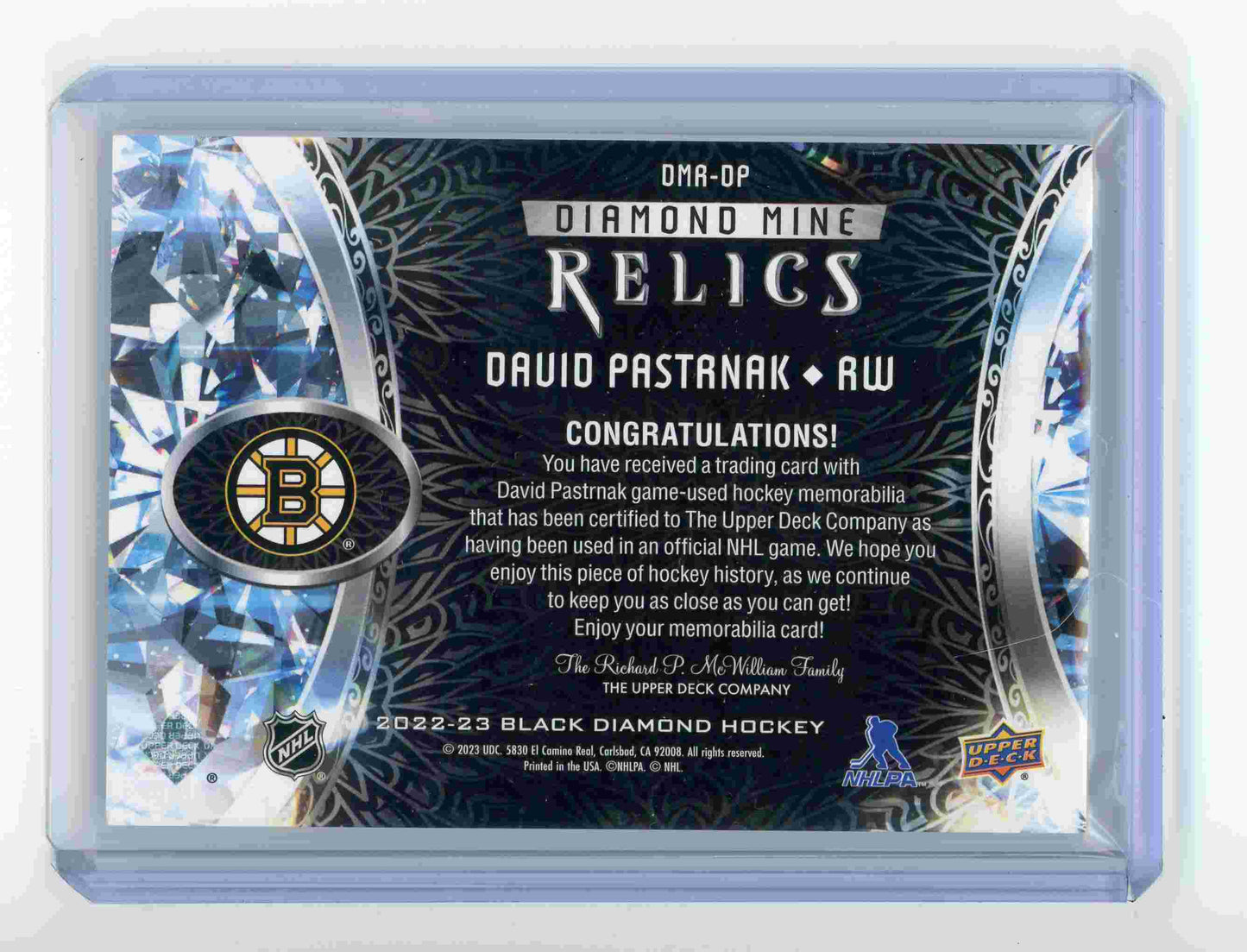 2022-23 Upper Deck Black Diamond Diamond Mine Relics David Pastrnak Jersey Bruins /99
