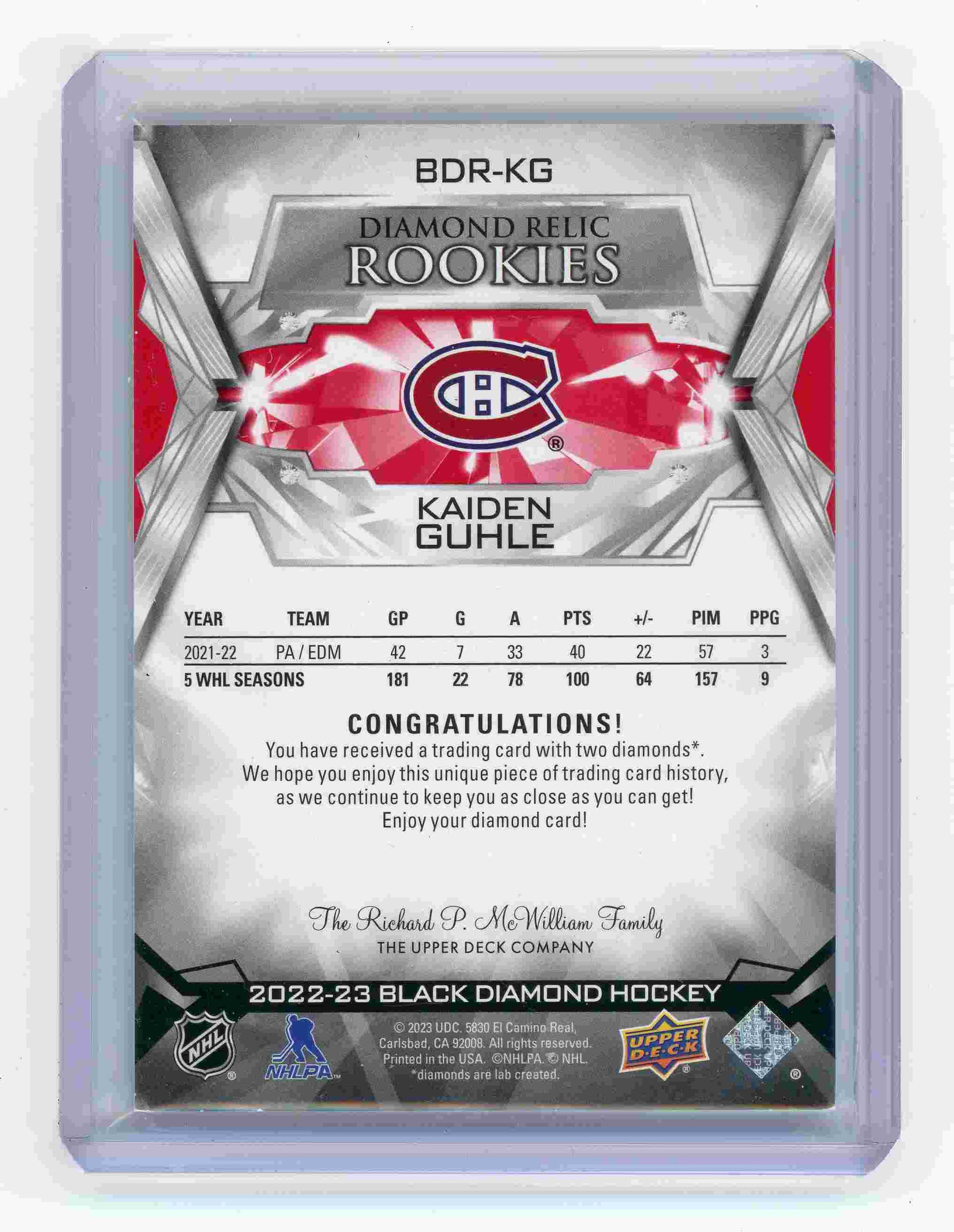 Kaiden Guhle Black Diamond Relic Rookies Double Diamond Canadiens back